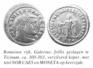 Romeinse rijk follis Galerius met Moneta geslagen te Ticinum.jpg