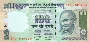 India 100 roepie 2005 portret Gandhi vz.jpg