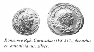Romeinse muntwezen denarius en antoninianus Caracalla.jpg