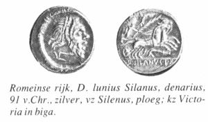 Romeinsemuntwezen denarius met silenus 91 vC.jpg